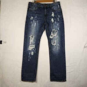Refuel Mens Straight‎ Fit Distressed Blue Jeans Size 36x32